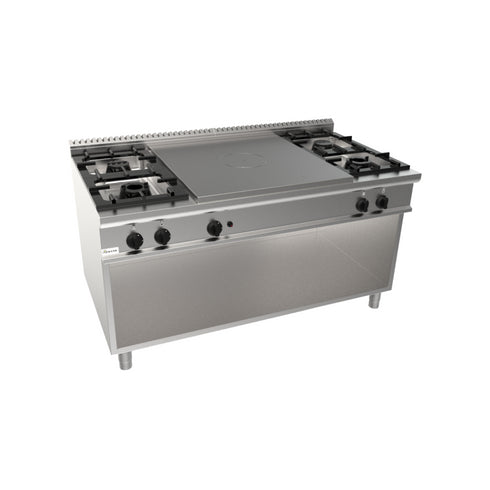 Cuisinière 4 feux + plaque coup de feu à gaz sur meuble ouvert 1600x900x850mm
